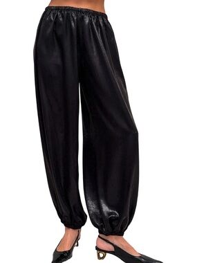 Satin Harem Pants Elastic Waist Wide Leg Silk Trousers Flowy Baggy Casual